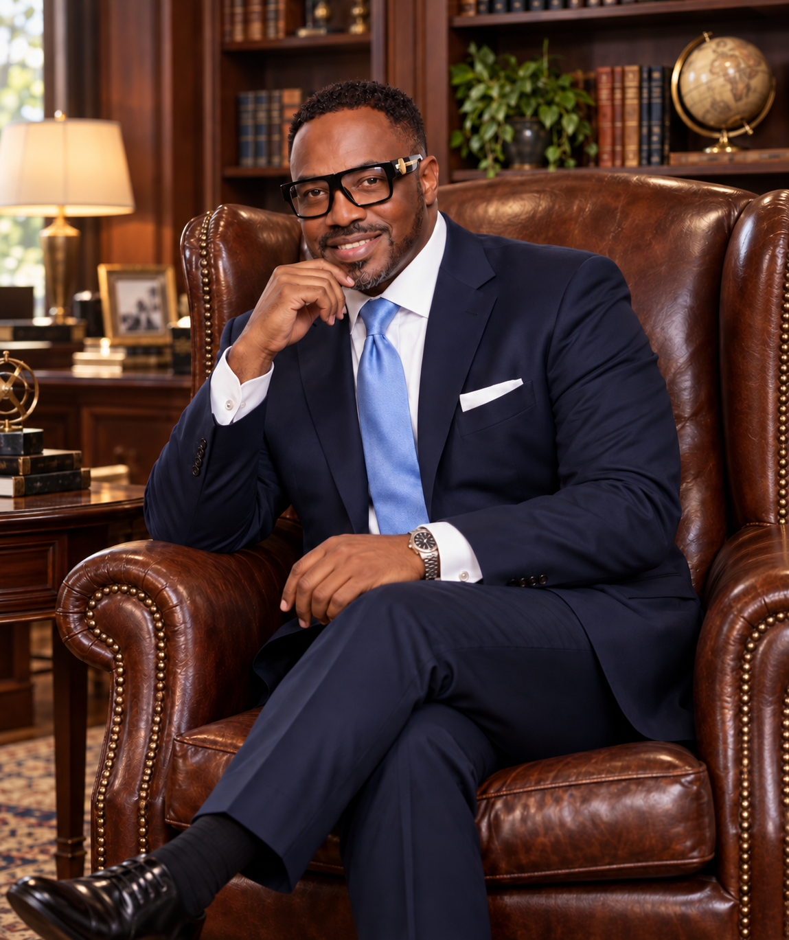 Apostle Veynell Warren seated in a leather chair in a wood-paneled study